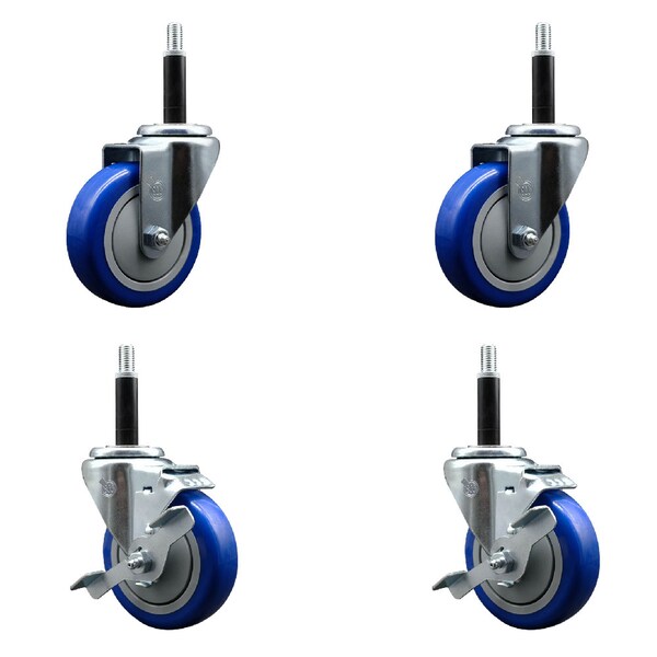 Service Caster 4'' SS Blue Poly Wheel Swivel 3/4'' Expanding Stem Caster Set 2 Brakes, 4PK SCC-SSEX20S414-PPUB-BLUE-2-TLB-2-34 - main